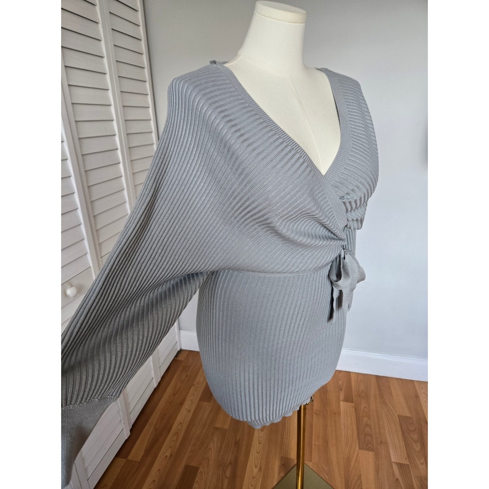 Love Tree Silver Gray Rib Knit Wrap Sweater Dress Size L Cozy Chic Minimalist - Picture 4 of 9